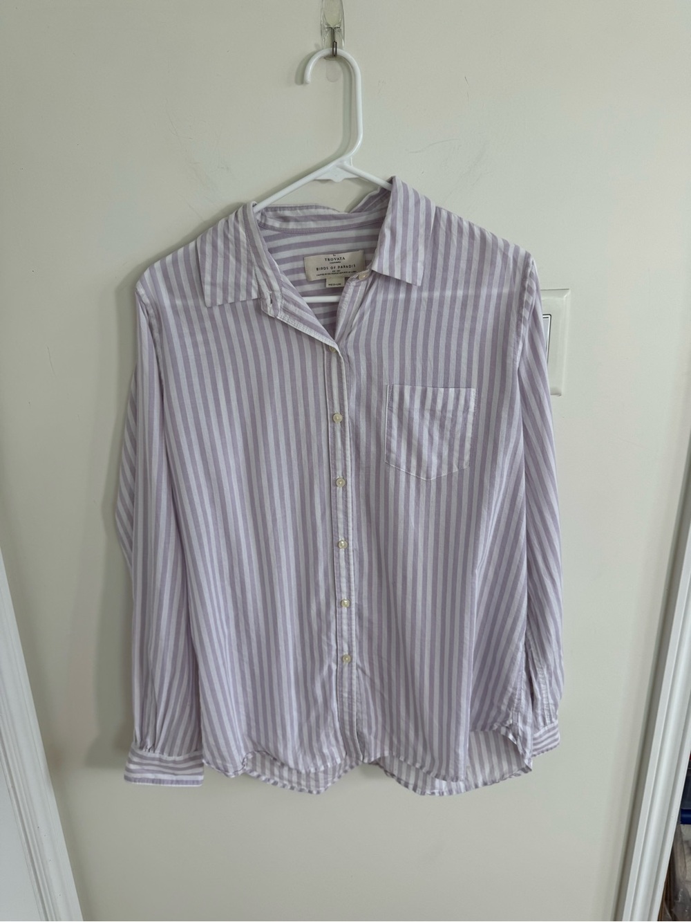Trovata Birds Of Paradise Purple White Striped Button Up Shirt M